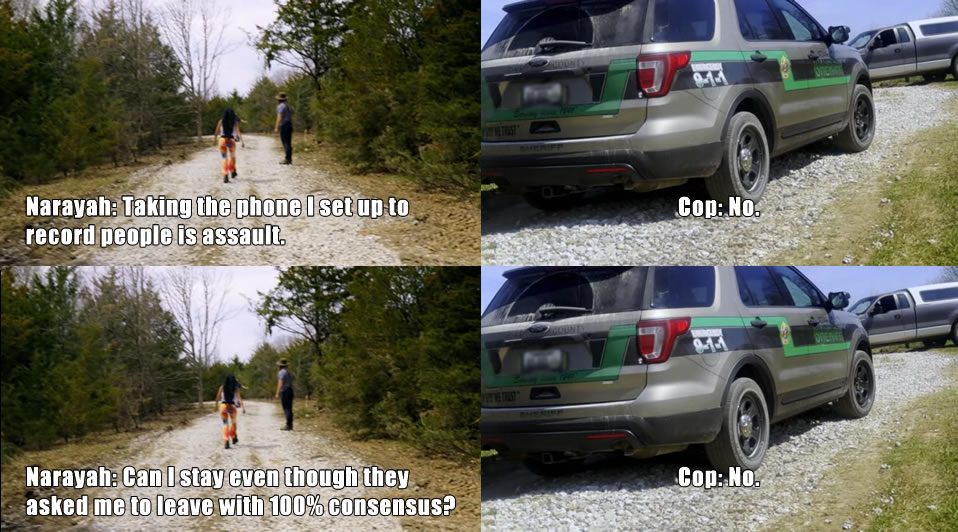 The meme is a humorous exchange between a person named Narayah and a police officer. Narayah is being questioned by the police officer, who asks if she can stay with the police officers even though they asked her to leave with 100% consensus. Narayah responds with a simple "no".